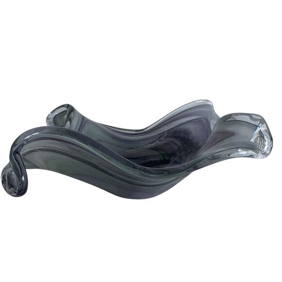 19” Murano Style Handblown Bowl Glass Ribbon Vase Wave Ribbed Purple Green Glass - Picture 2 of 16